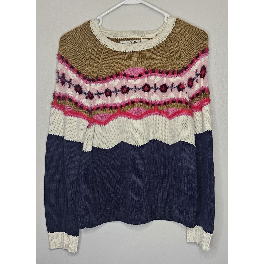 Anthropologie Field And Flower Wool Blend Navy Pink Sweater Women's Size Medium